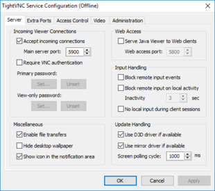 Einstellungsmenü des vorinstallierten VNC-Server-Diensts