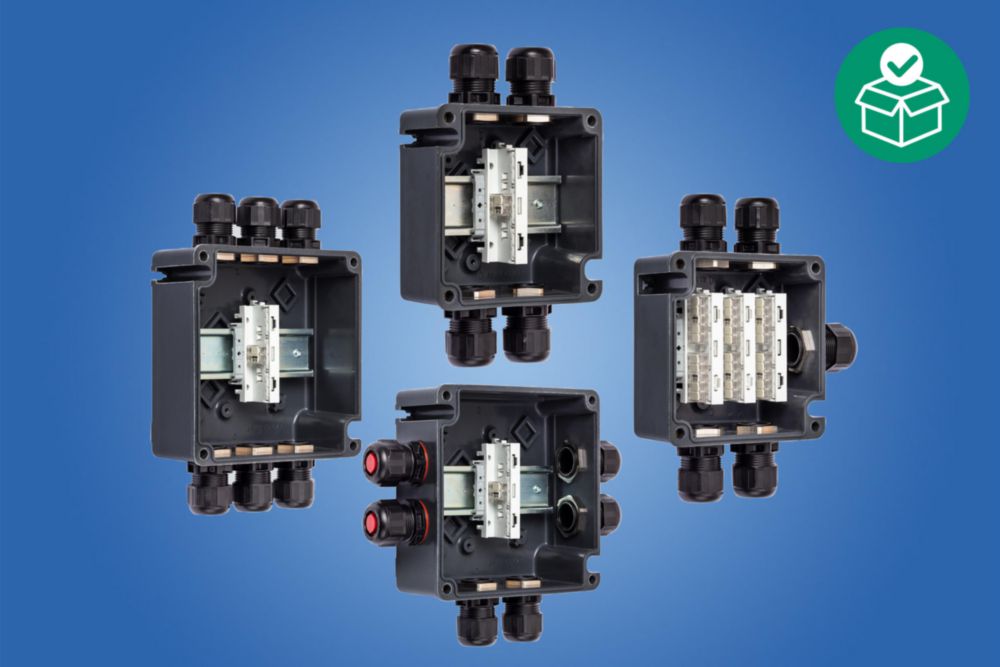 Ex e terminal box, 440 V, 1x WAGO 221-482, 4x M20 x 1.5 Polyamide cable gland, black, 2x M20 x 1.5 Polyamide stopping plug, 1x Mounting rail 35 x 100 mm, Zone 1